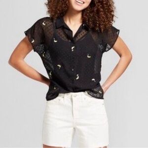 A New Day Toucan Bird Print Sheer Clip Dot Blouse